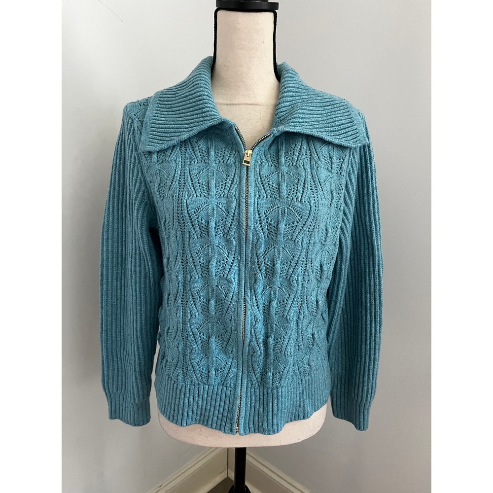 Talbots Blue Cable Knit Cardigan Large Full Zip Sweater Pointelle Preppy Office